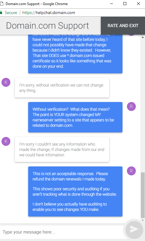 Screenshot showing domain.com chat support apparently claiming they don't have auditing for changes in their system.
