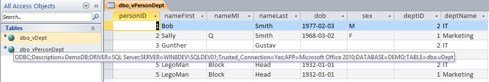 Views Linked as table objects in MS Access screenshot