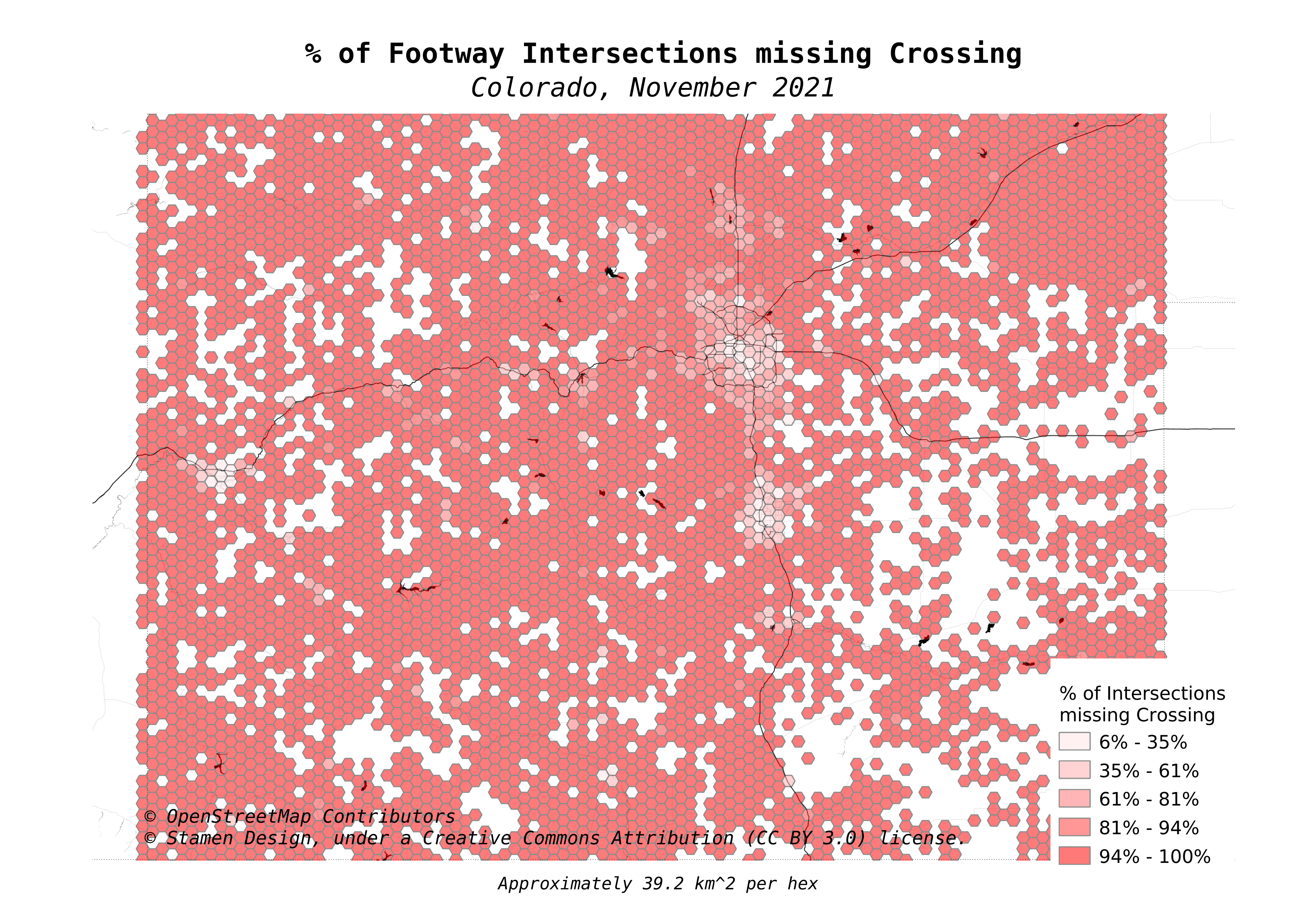 Map with shades of red indicating the % of missing crossing tags at foot/motor intersections.  The rural areas are almost entirely the dark red indicating 100% missing OR completely white because the hexagon is missing due to no footway data in that region.