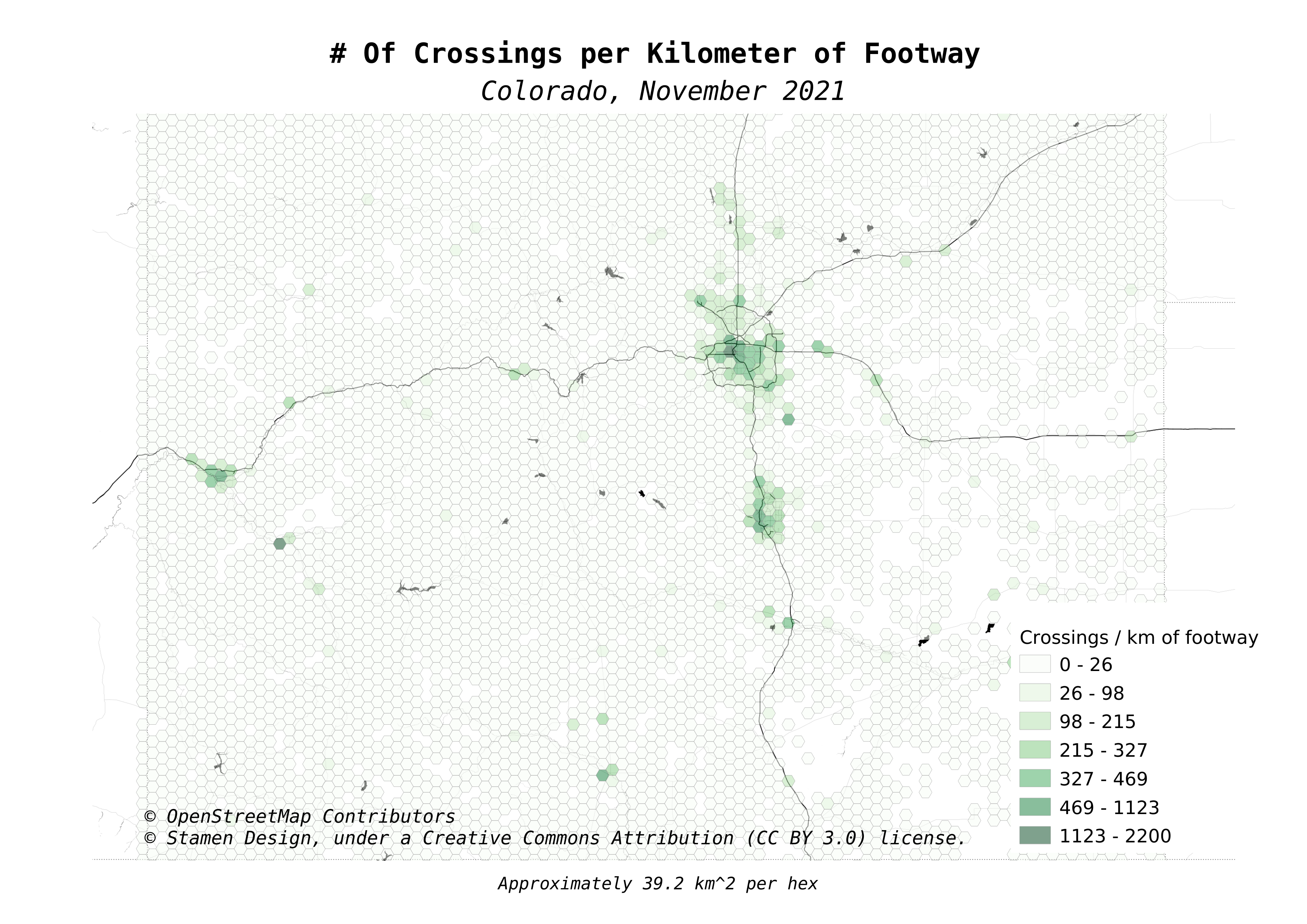 Map with shades of green from near-white to dark green across the state of Colorado.  The basemap shows the major highways in dark lines and major lakes across the state. Darker shades are limited to urban areas, e.g. Denver, Colorado Springs, Fort Collins, etc.