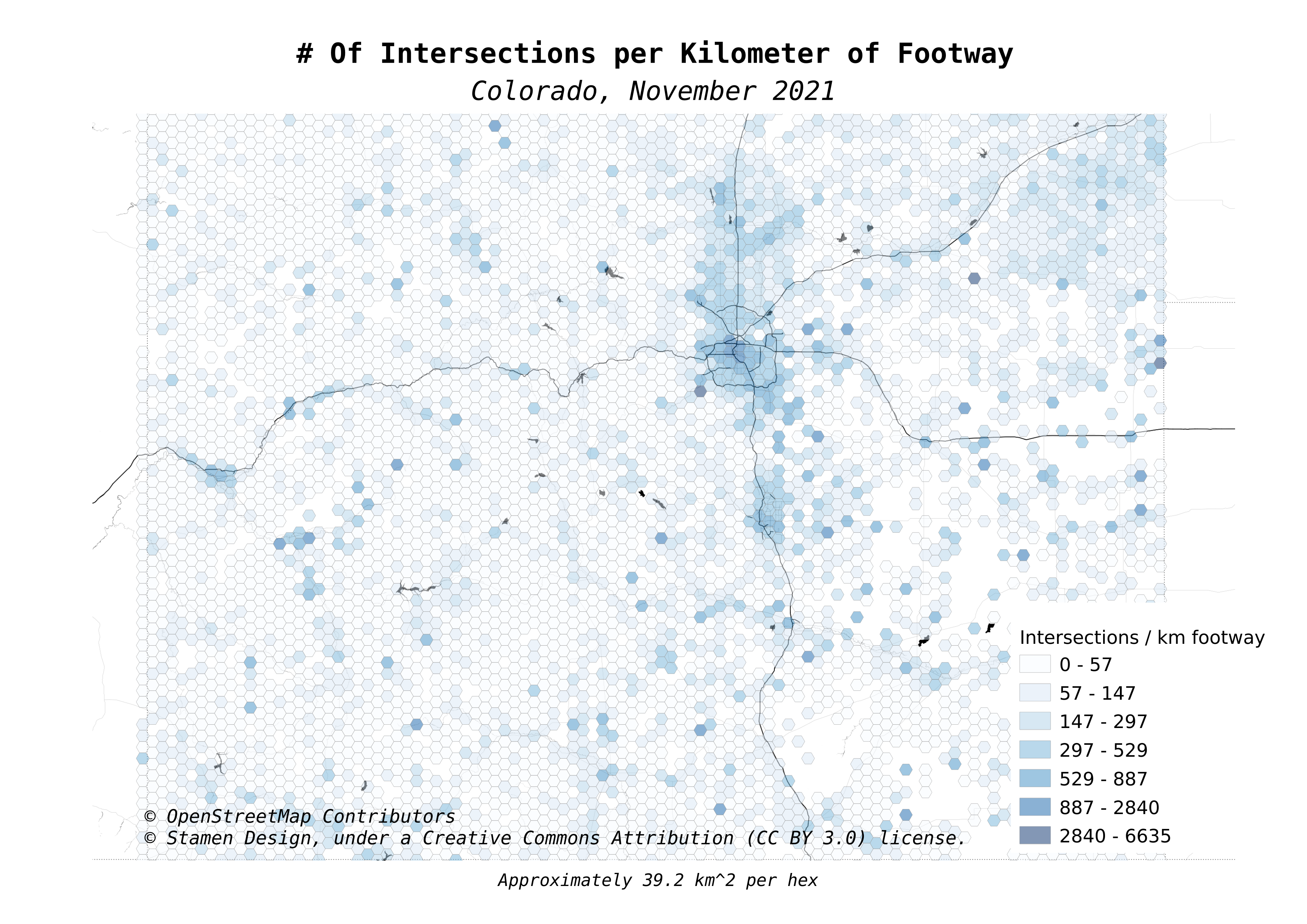 Map with shades of blue from near-white to dark blue across the state of Colorado.  The basemap shows the major highways in dark lines and major lakes across the state.  Shades of blue are less focused on urban areas than the prior map.