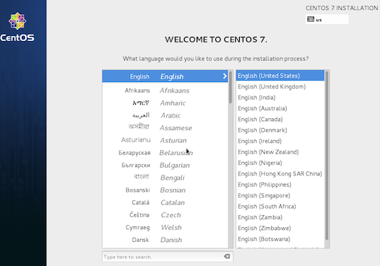 CentOS 7 Installation Welcom Screenshot