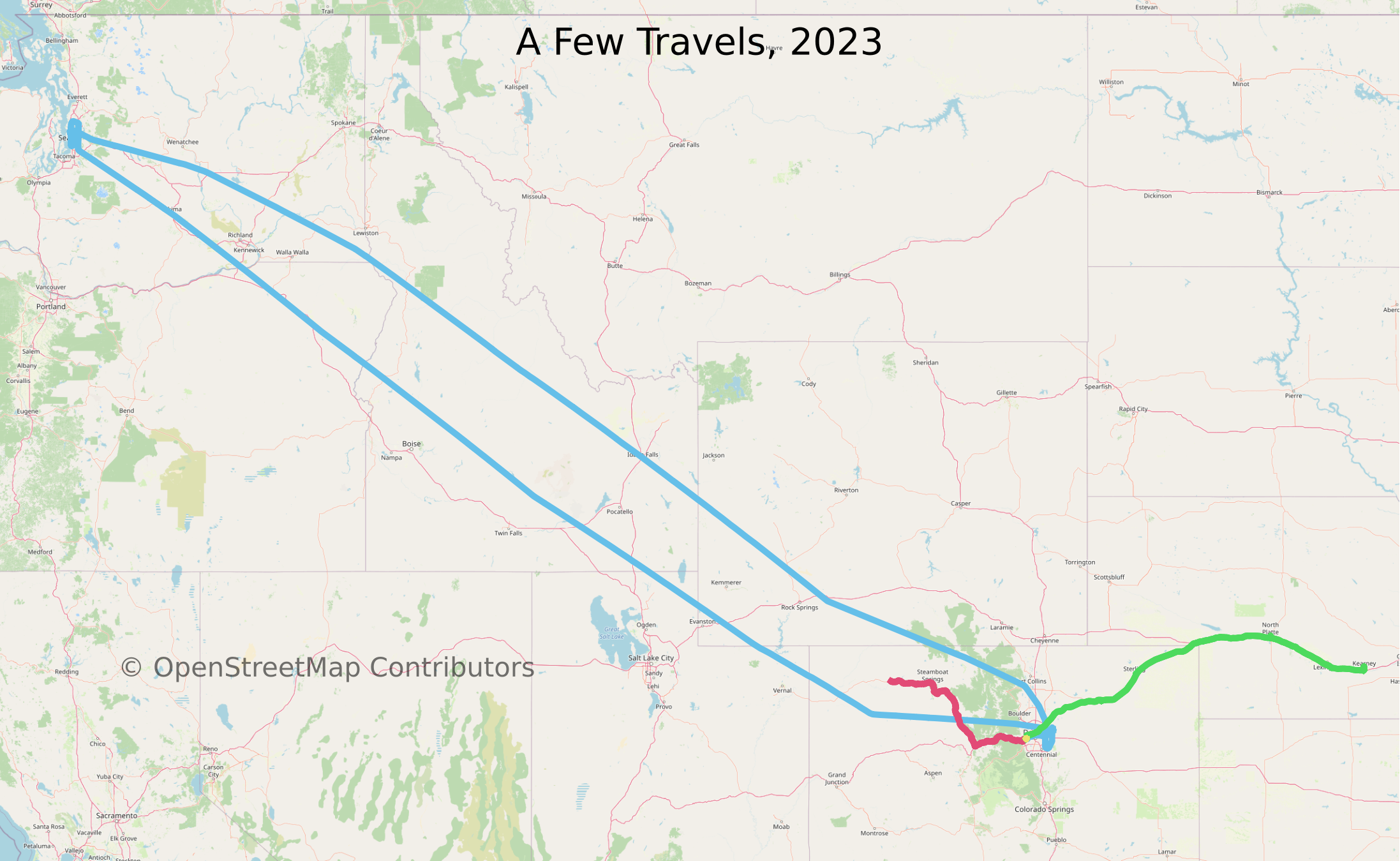 Image of a map showing flights to/from Seattle, to Nebraska, and around Colorado.