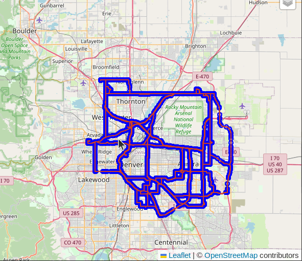 Image showing the 70 routes created surrounding the Denver metro area.  Many of the routes overlap following common highways to traverse the city.