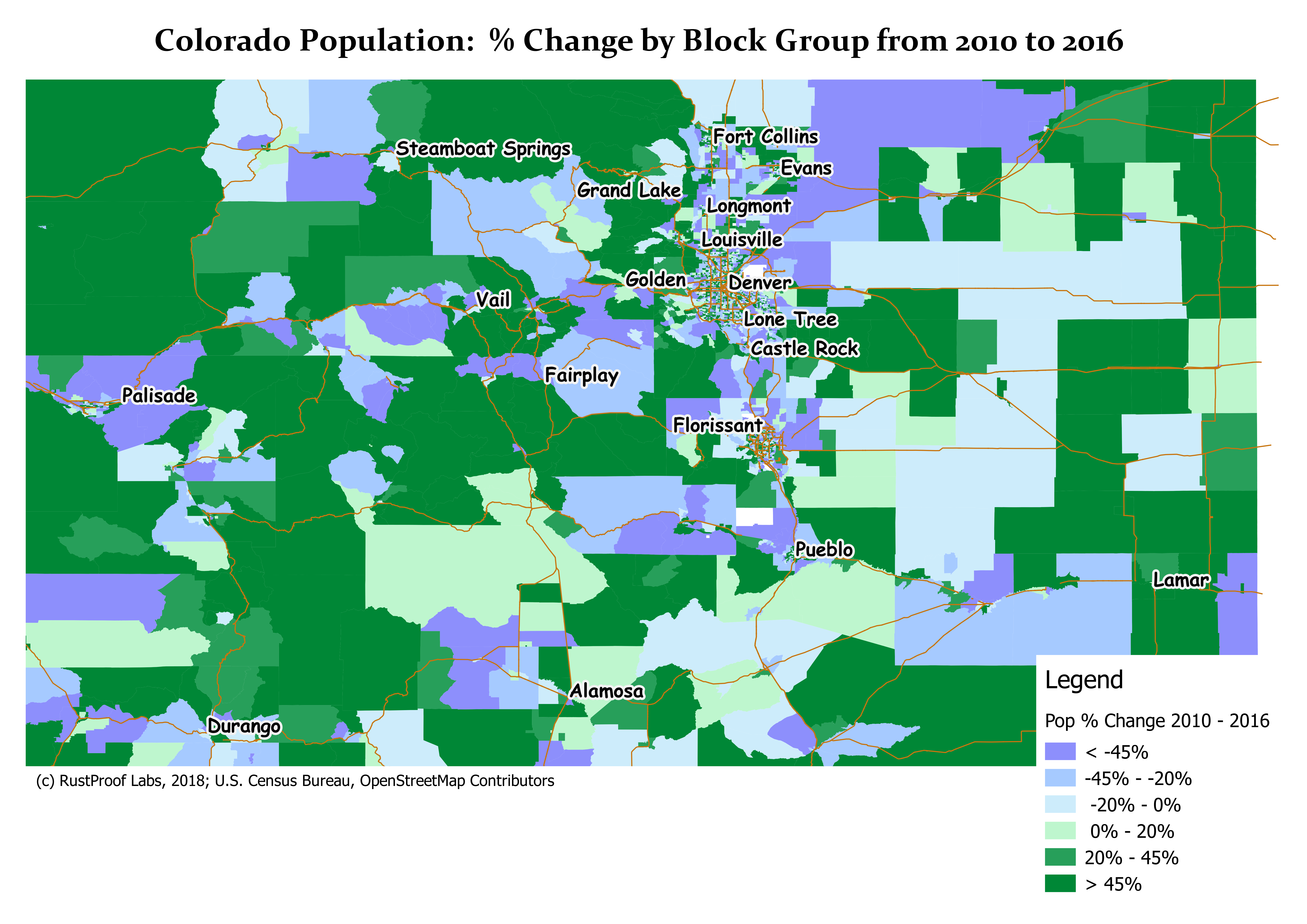 This map of Colorado shows population growth by block group occuring accross the majority of the counties in the state.  There are areas with losses in population.