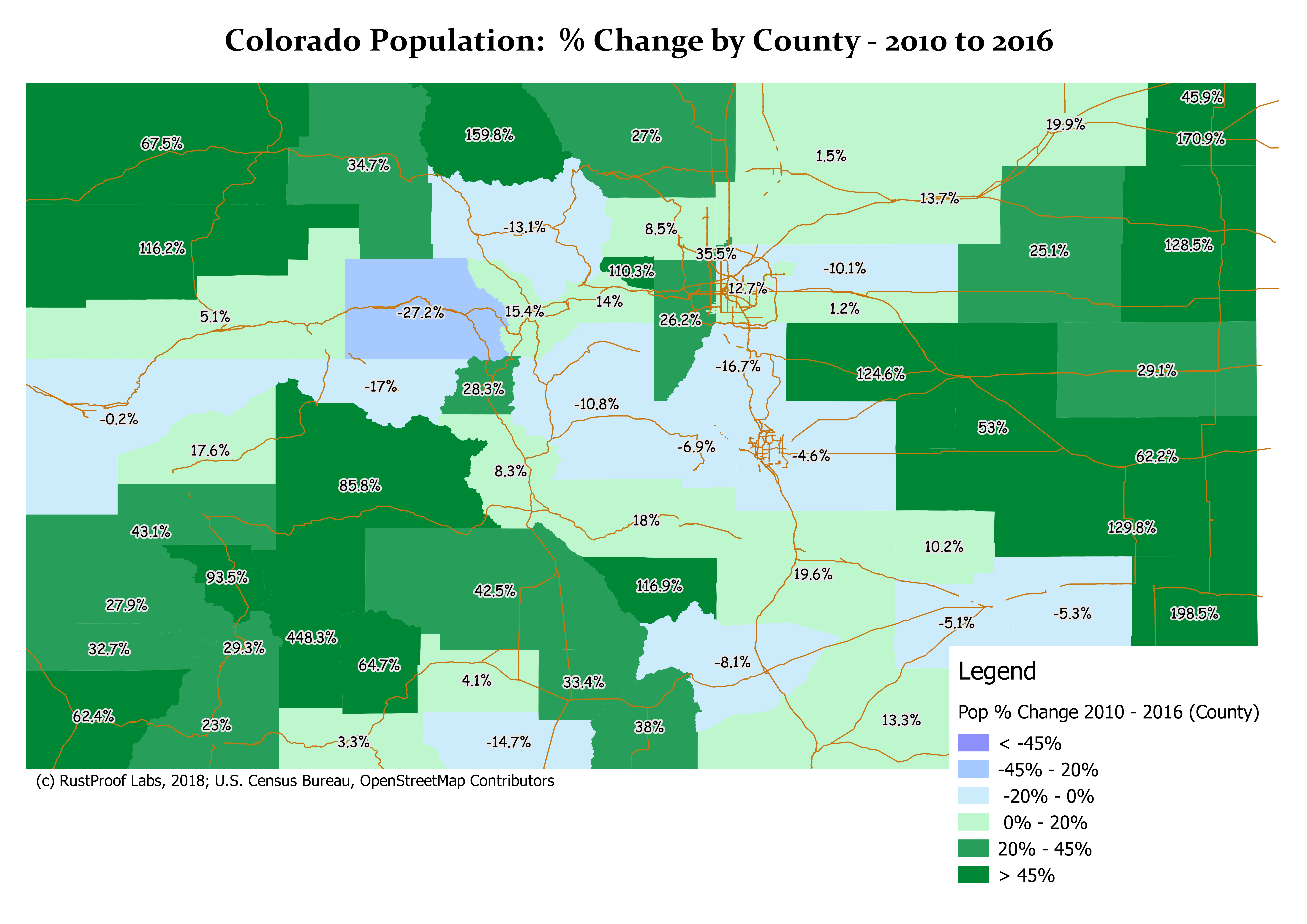 This map of Colorado shows growth occuring accross the majority of the counties in the state.  There are a few counties with losses in population.