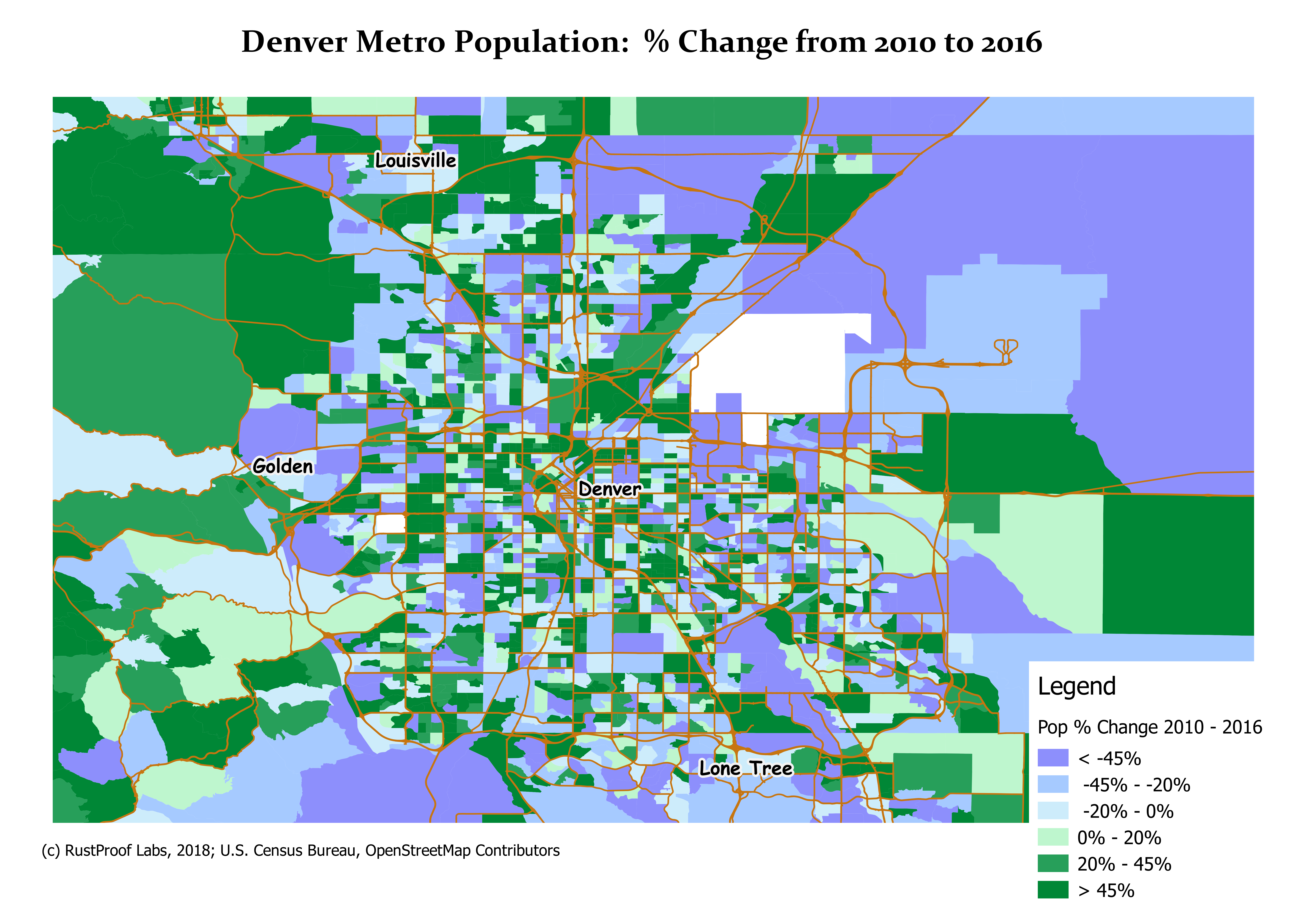 This map of the Denver metro area shows population growth by block group from 2010 to 2016.