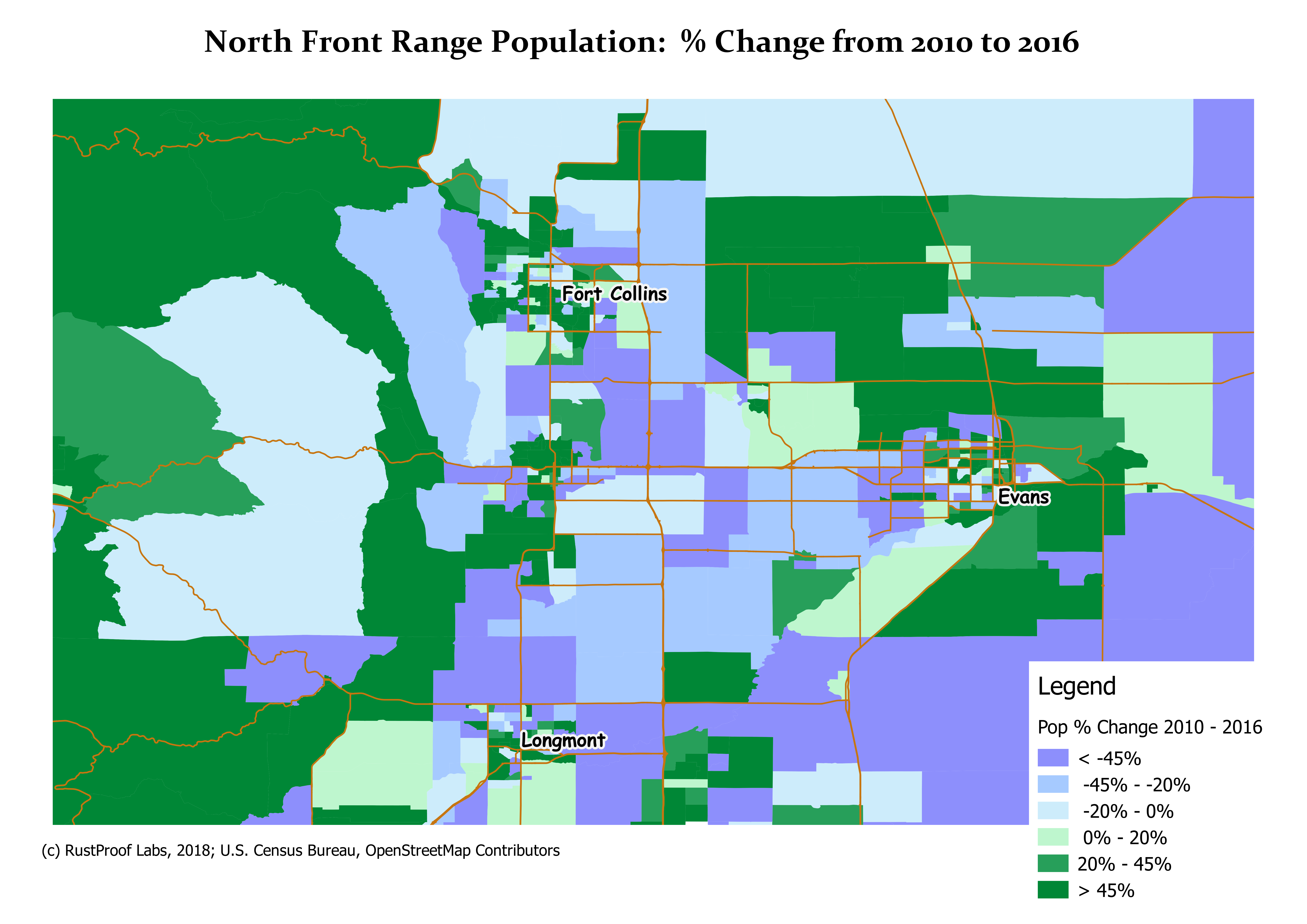 This map of the northern Colorado front range shows population growth by block group from 2010 to 2016.