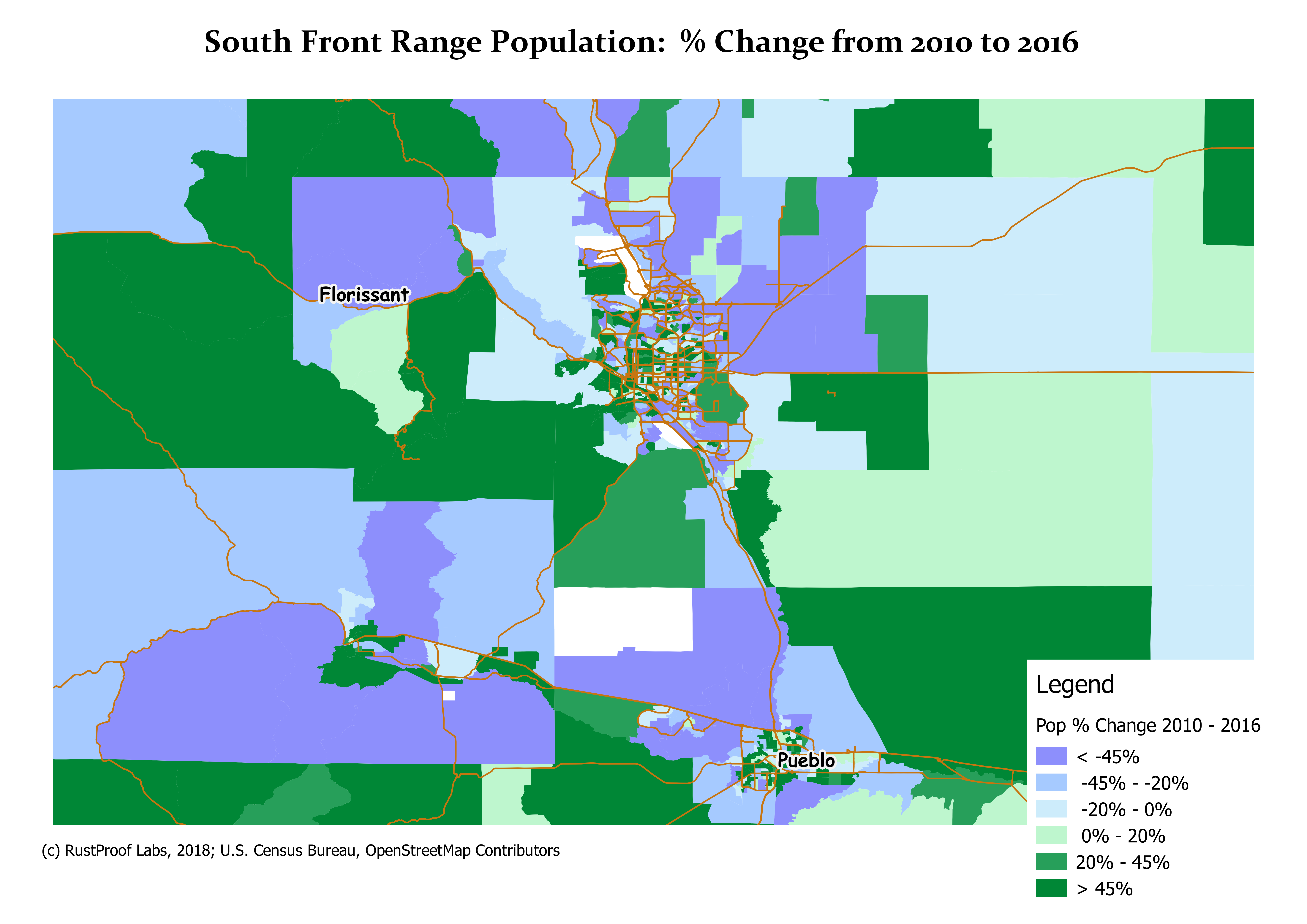 This map of the southern Colorado front range shows population growth by block group from 2010 to 2016