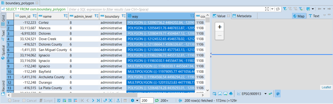 Screenshot from DBeaver showing geometry viewer drawing a flat line with data in EPSG:900913 instead of rendering the polygons properly.