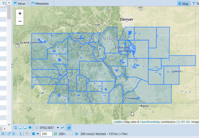 Screenshot showing polygons over the state of Colorado map with only a portion of the polygons loaded, covering the majority of the Southern portion of the state.