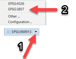 Screenshot showing the two steps in DBeaver GUI for changing the spatial projection to render properly.