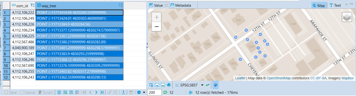 Screenshot showing grid results from the above query on the left and visual results of the spatial data over OpenStreetMap base data from MapBox.