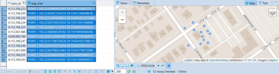 Screenshot showing grid results from the above query on the left and visual results of the spatial data over OpenStreetMap base data from MapBox.