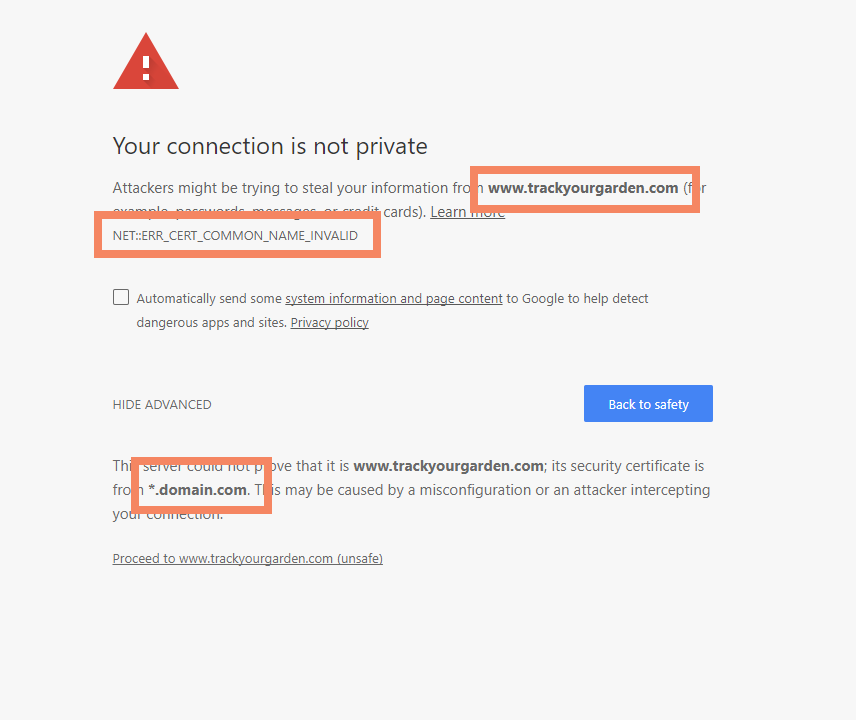 Screenshot showing certificate error because the trackyourgraden.com domain was being routed to a domain with a *.domain.com certificate.