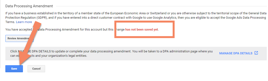 Screenshot showing Google Analytics admin dashboard with an arrow pointing to the save button