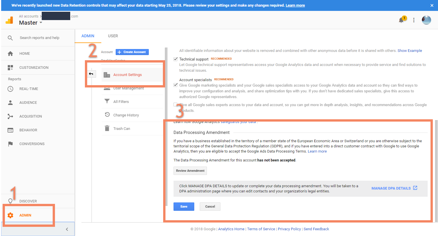 Screenshot showing Google Analytics admin dashboard viewing the data processing amendment.