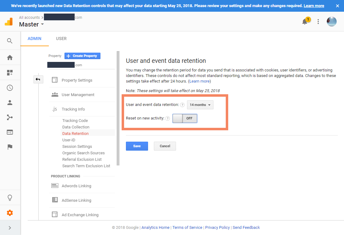 Screenshot showing Google Analytics data retention settings for a GA property