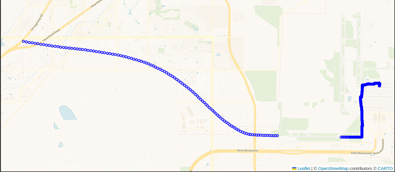 Screenshot showing points from GPX trace of taxiing and takeoff from Denver International Airport, headed toward Seattle.