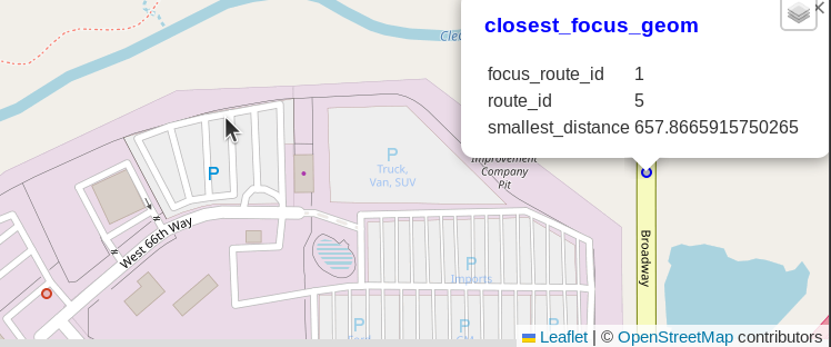 Screenshot of a blue dot in the upper right corner on a tertiary street, Broadway, and the red dot in the lower left corner in apparently on a service road in a purple-shaded industrial area.