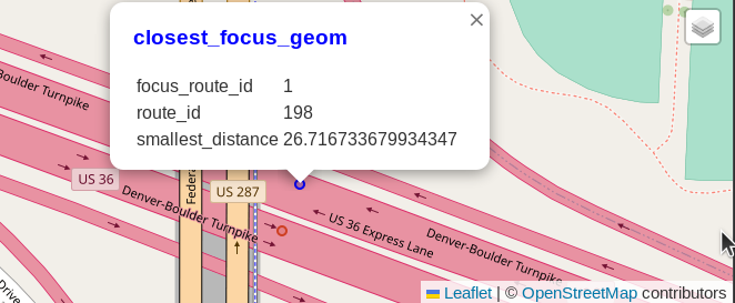 Screenshot of map showing a blue and red dot on opposite sides of U.S. Highway 36.