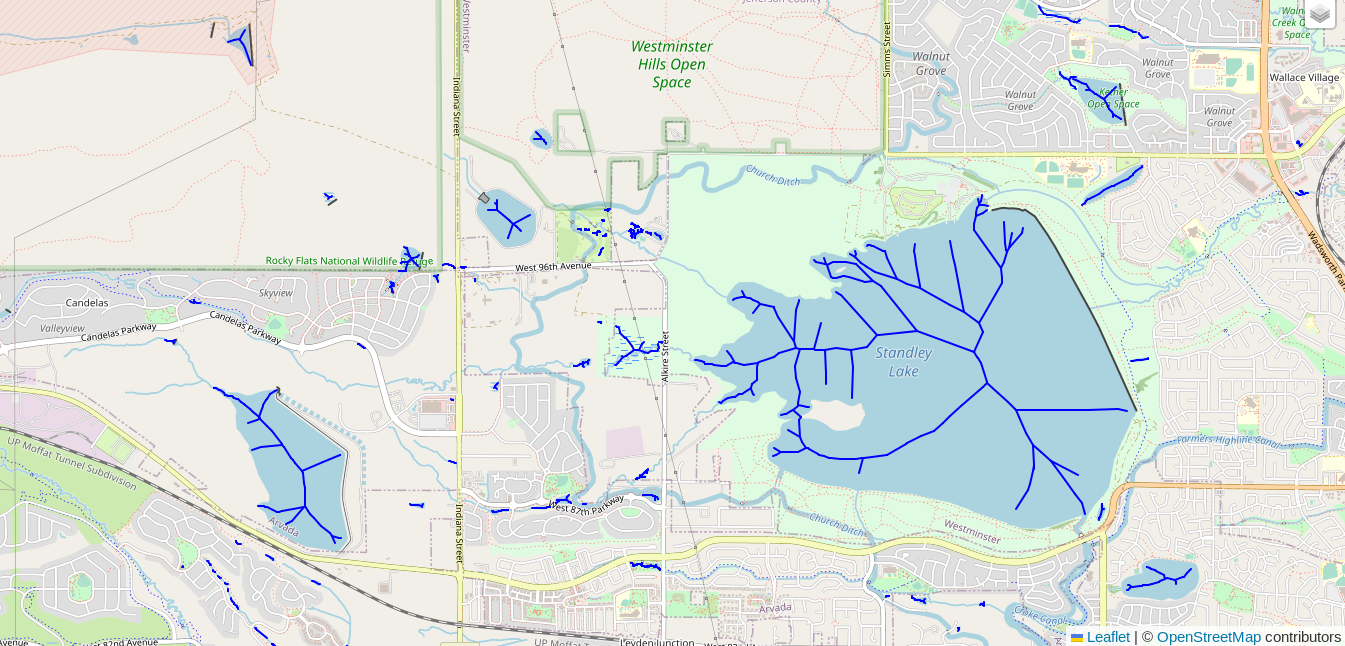 Screenshot from DBeaver showing the data in the routing_demo.polygon_medial_axis table. The data is displayed over the standard OpenStreetMap basemap.