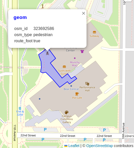 Screenshot from DBeaver showing a pedestrian area as a polygon from the osm.road_polygon table with osm_id = 323692586.  The osm_type column reads "pedestrian" and the "route_foot" value is true.