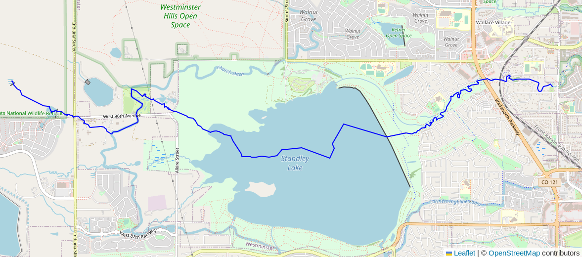 Screenshot from DBeaver showing the waterway route through Standley Lake.