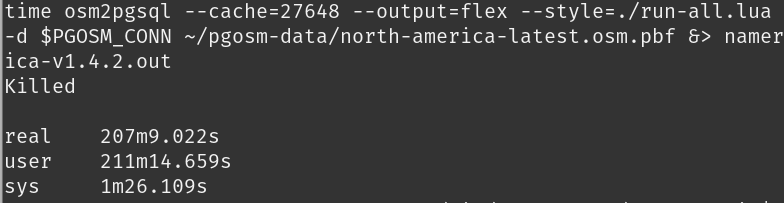 Screenshot from terminal showing the osm2pgsql command failing with a simple "Killed" message.