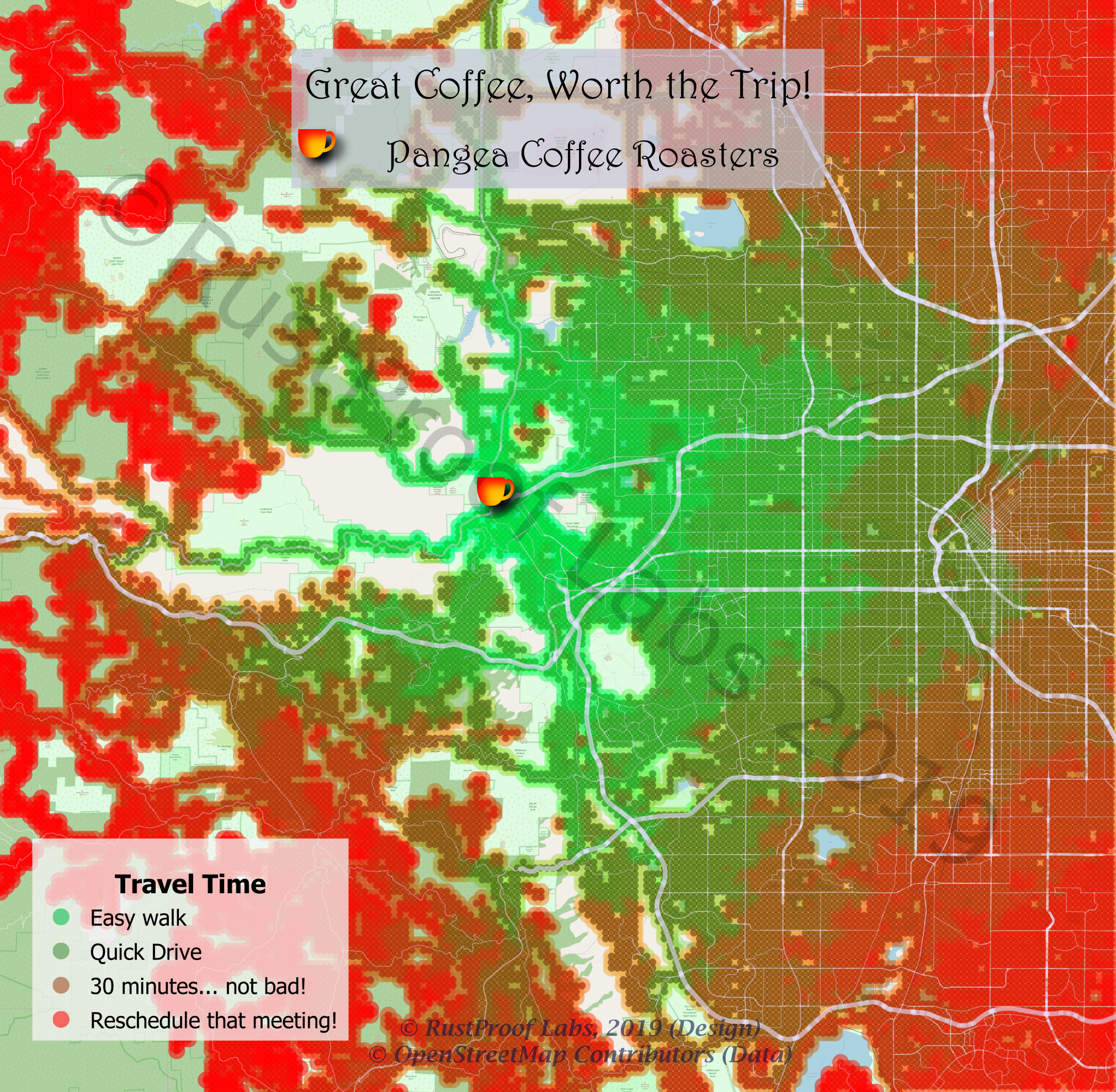 Reduced resolution image of data-driven artwork.  Artwork created by Ryan Lambert by using OpenStreetMap roads data, PgOSM travel time processing, and QGIS for styling.