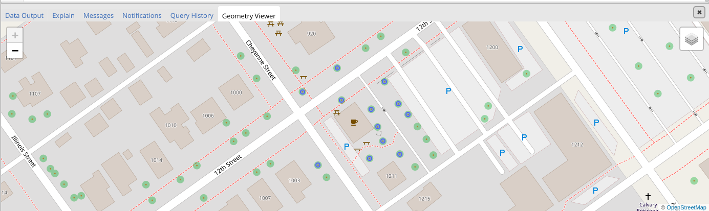 Screenshot showing the Pangea Coffee Roaster's building in Map View overlayed with the OpenStreetMap layer.