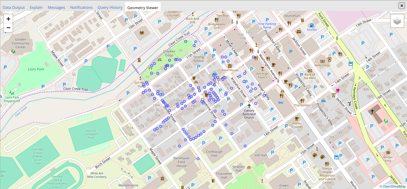 Screenshot showing the Pangea Coffee Roaster's building in Map View overlayed with the OpenStreetMap layer.