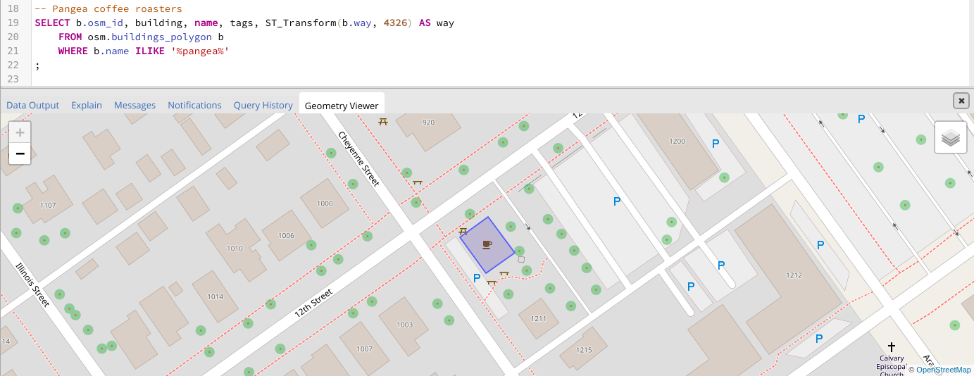 Screenshot showing the Pangea Coffee Roaster's building in Map View overlay-ed with the OpenStreetMap layer.