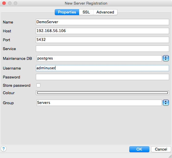 PgAdmin3 Server Setup Screenshot