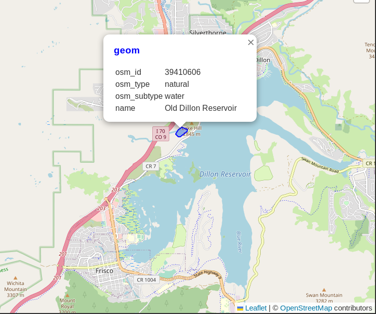 Screenshot from DBeaver showing the small Old Dillon Reservoir next to the large lake that is Dillon Reservoir.