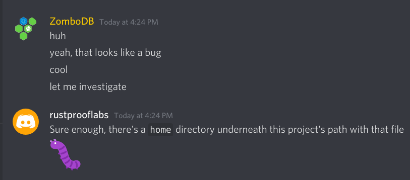 Screenshot from discord in 2020 with the confirmation that for once, it was not user error on my part but was instead a bug.