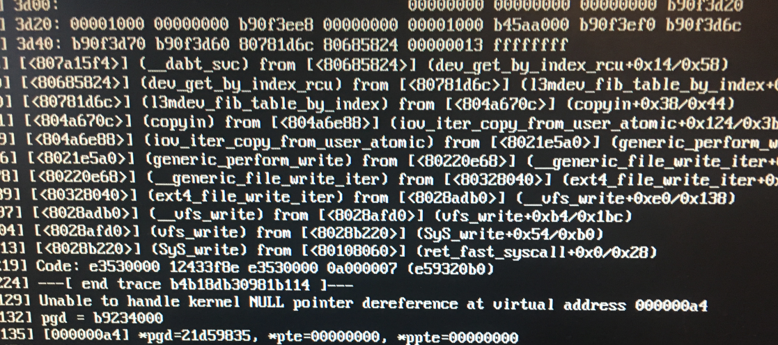 Image of error messages from Raspberry Pi after running osm2pgsql with too many resources.  Unable to handle kernel NULL pointer dereference at virtual address