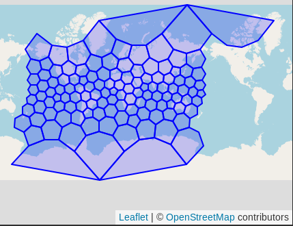 Screenshot from DBeaver's spatial viewer showing the 122 H3 hexagons for resolution 0.