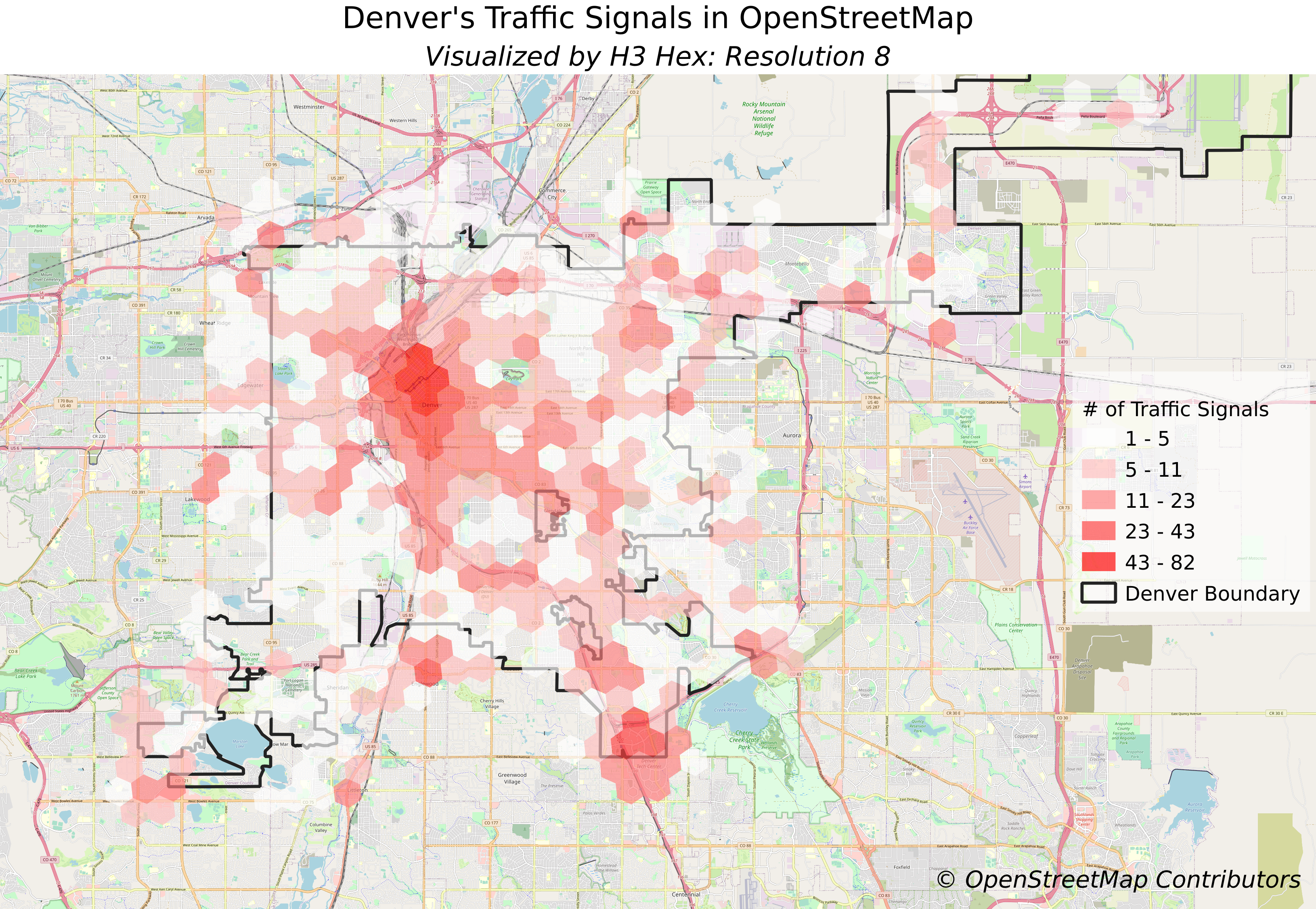 Image from QGIS visualizing the traffic signal count by H3 hex for resolution 8.