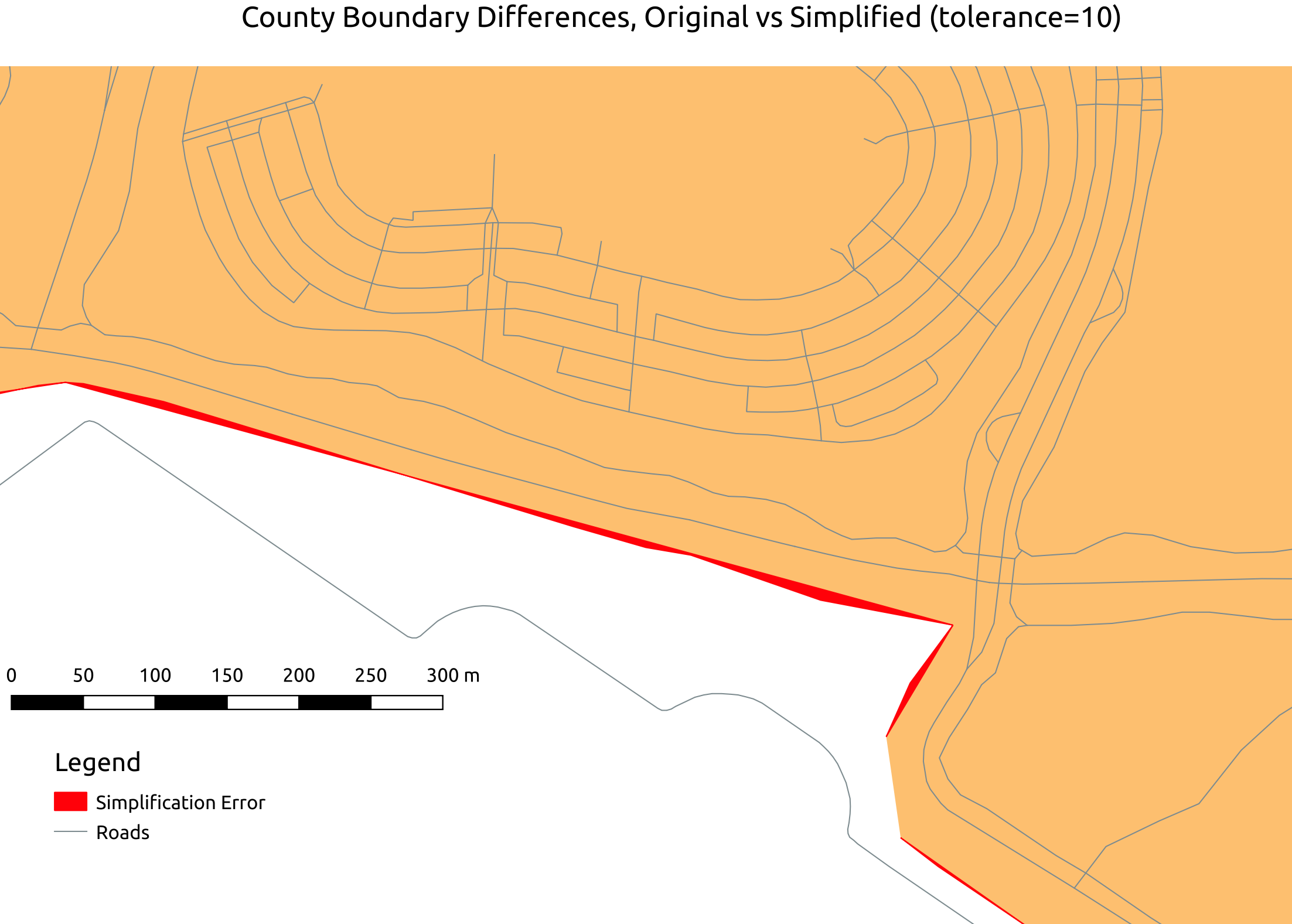 Export from QGIS showing a very narrow band of errors in the polygon boundary due to simplification of geometry.