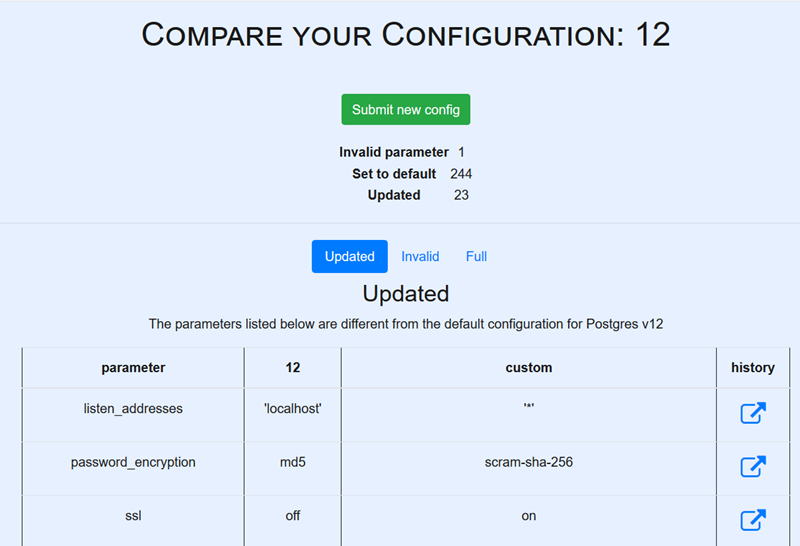 Screenshot showing summary of configuration differences between above example and the defaults for Postgres 12)