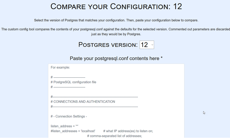 Screenshot showing Compare Your Config feature in PgConfig comparison tool)