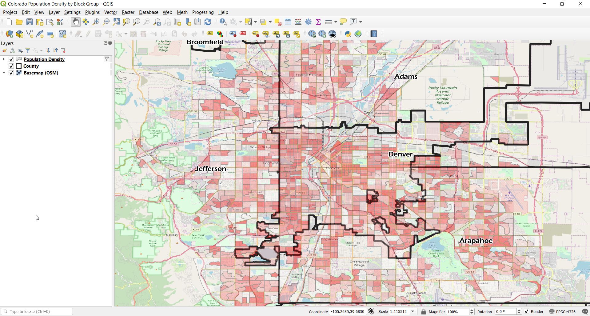 Screenshot showing source QGIS project for  Population Density by Block Group
