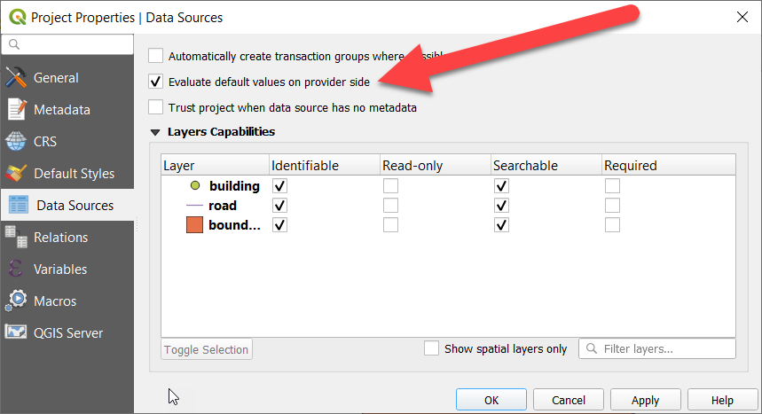Screenshot showing the QGIS Project Properties dialog Data Sources tab to enable QGIS to use default primary key values assigned by Postgres sequences (created by SERIAL/BIGSERIAL data types)