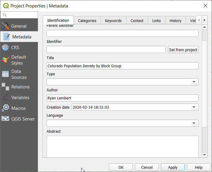 Screenshot showing QGIS Project properties meta-data to set Title.