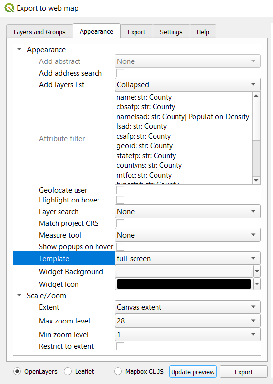 Screenshot of the dialog to create web map with qgis2web.  Appearance tab