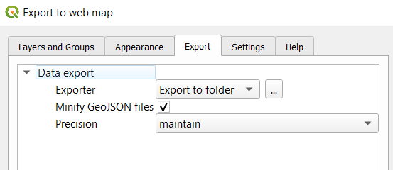 Screenshot of the dialog to create web map with qgis2web. Export tab