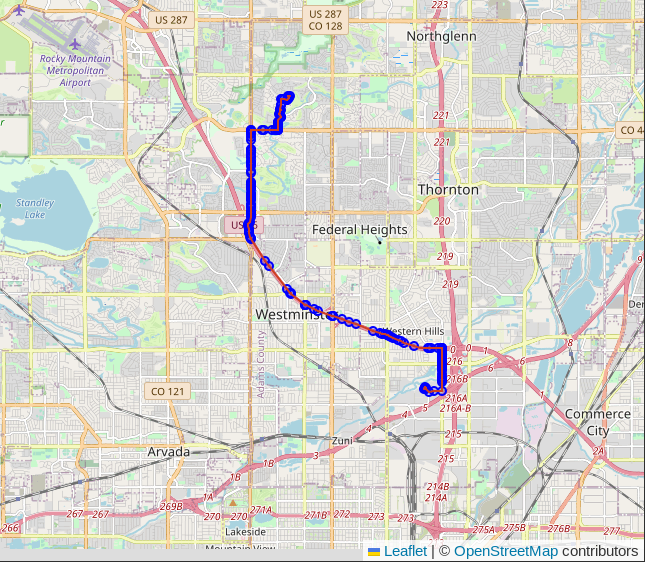 Image showing a line northwest of Denver, Colorado as a red line with blue dots.