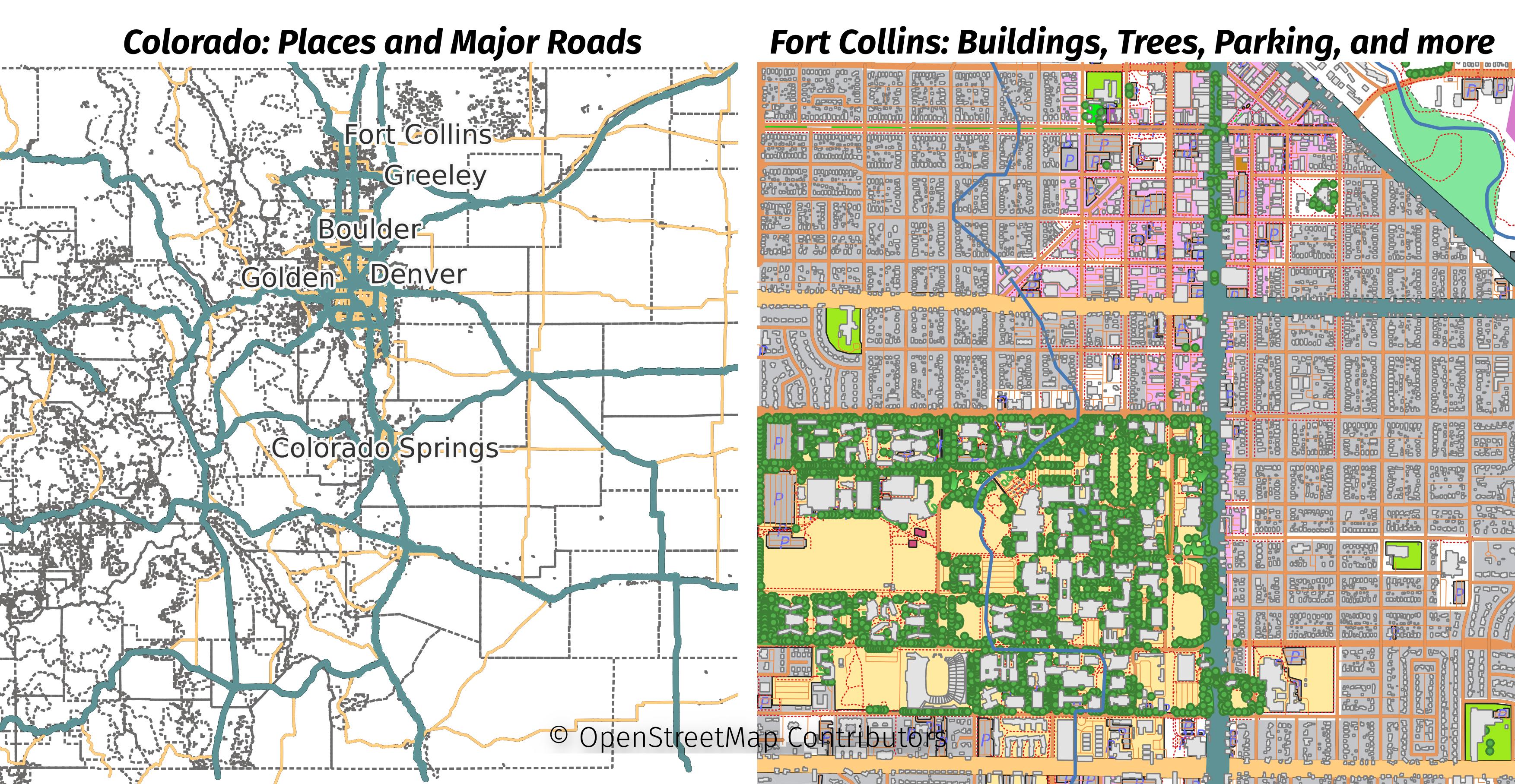 Image with two maps. The map on the left is a map showing most of Colorado showing place boundaries and major roadways.  The map on the right is a closer view in Fort Collins, Colorado, showing a portion of Colorado State University's campus and residential areas.  The map on the right has details of minor roadways, sidewalks, buildings, and even trees.