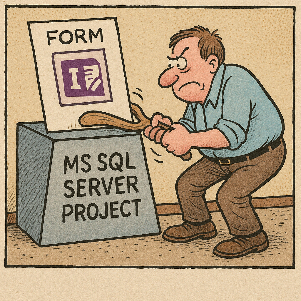 AI generated comic showing a frustrated person using a shoehorn to force the form builder into MS SQL Server